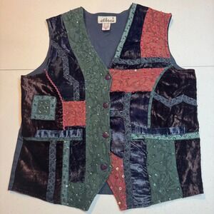 Effeci Vintage‎ Patchwork Velvet Lace Sequin Vest Medium Multi Color Boho Artsy